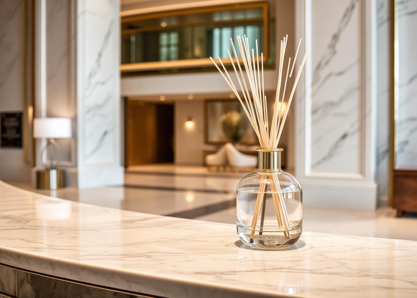 Reed diffuser on a marble reception counter in a luxury hotel lobby